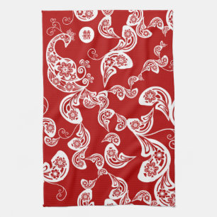 Floral Boho Chic Peacock Elegant Red Asian Wedding Tea Towel
