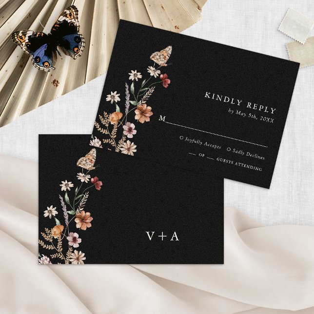 Floral Boho Chic Wedding RSVP Card (Black Floral Boho Chic Wedding RSVP Card Monogrammed by Painted Paperie
)