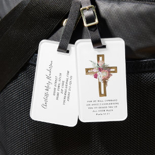 Floral Boho Christian Cross Religious Bible Verse Luggage Tag