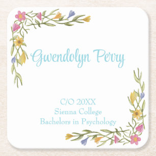 Floral Boho College Graduation Party Square Paper Coaster