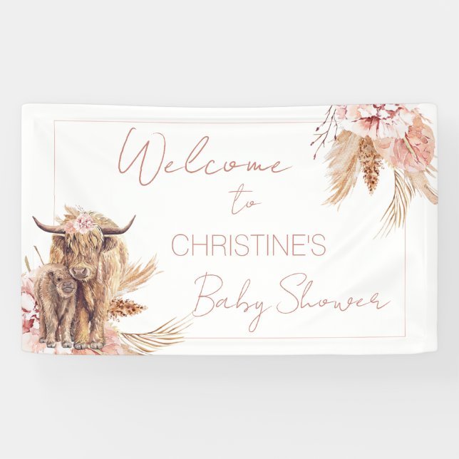 Floral Boho Cow Calf Baby Shower Welcome Banner (Horizontal)