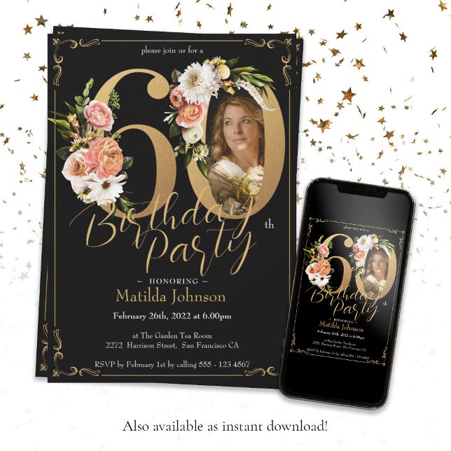 Floral Boho Custom Photo Black Gold 60th Birthday Invitation (Black Gold 60th Birthday Floral Boho Custom Photo Invitation)