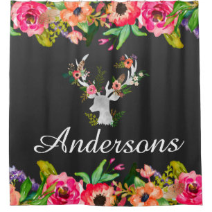 Floral Boho Deer Bath Shower Curtain Personalised