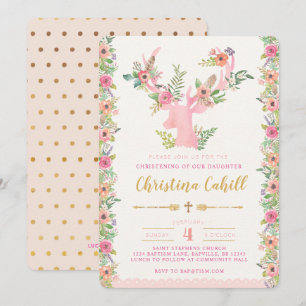 Floral Boho Deer Christening Invitation