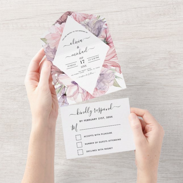Floral Boho Dusty Pink Purple Wedding RSVP All In One Invitation (Tearaway)
