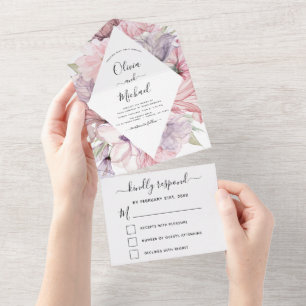 Floral Boho Dusty Pink Purple Wedding RSVP All In One Invitation
