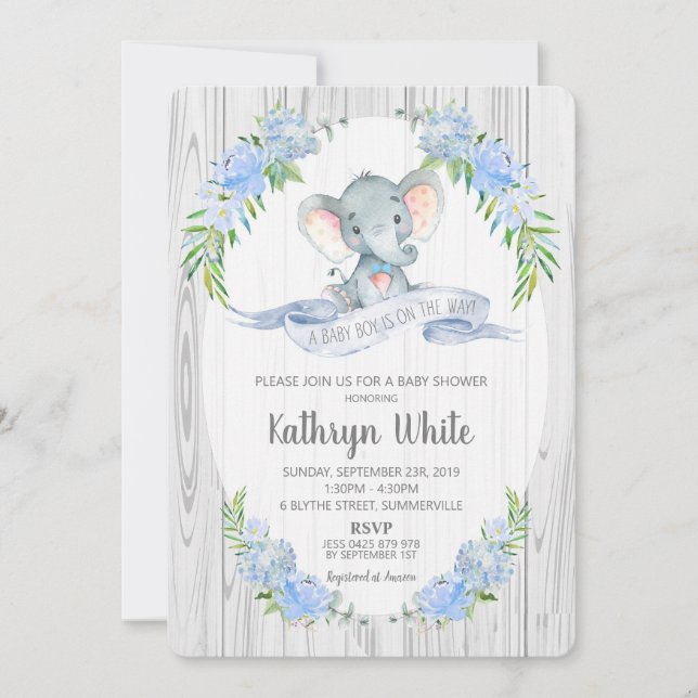 Floral Boho Elephant Baby Shower Invitation Boy (Front)