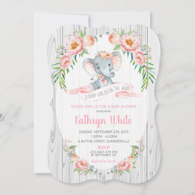 Floral Boho Elephant Baby Shower Invitation Girl (Front)
