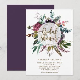 floral boho feathers bridal shower invitation