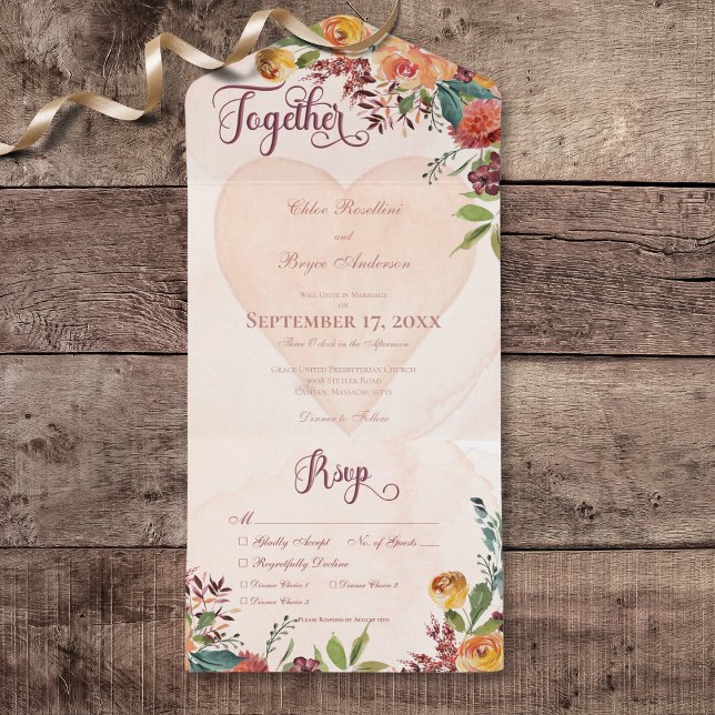 Floral Boho Heart Peach Jewel Dinner All In One Invitation (Floral Boho Heart Peach Jewel All In One Wedding Invitation with Dinner Selection Options)