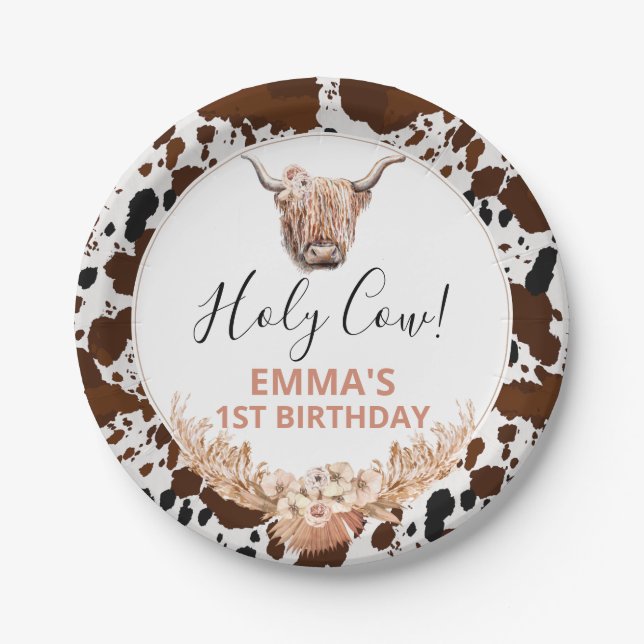 Floral Boho Highland Cow Birthday Party Paper Plate (Front)