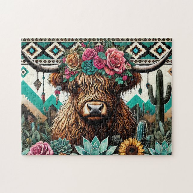 Floral Boho Highland Cow Jigsaw Puzzle (Horizontal)