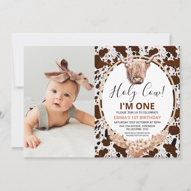 Floral Boho Highland Cow Print Photo 1st Birthday  Invitation (Front)