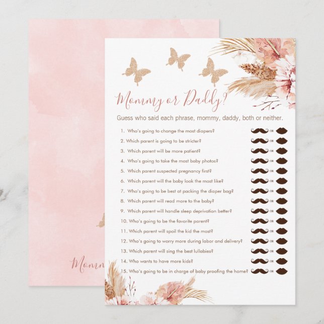 Floral Boho Mommy or Daddy Baby Shower Game Card (Front/Back)