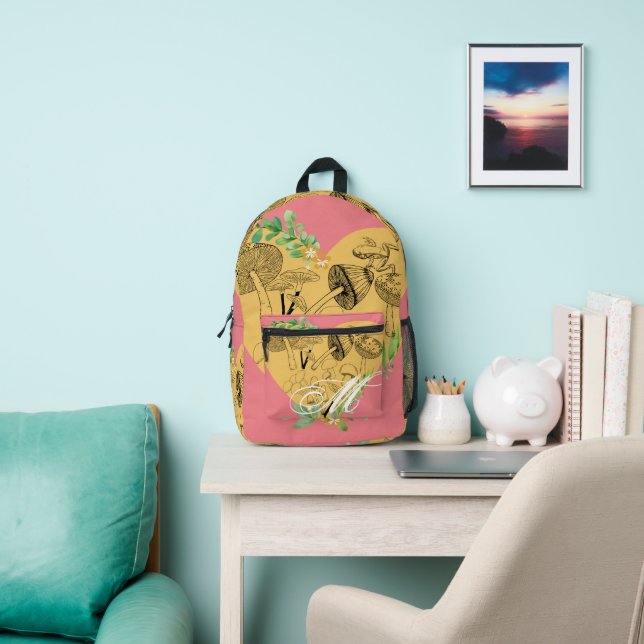 Floral Boho Mushrooms and Frogs Monogram Printed Backpack (Insitu)