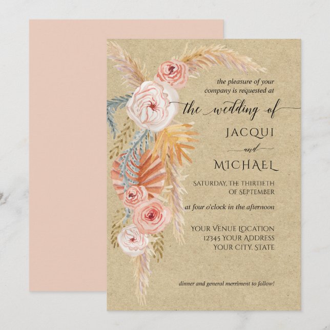Floral BOHO Pampas Grass Foliage Kraft Watercolor Invitation (Front/Back)