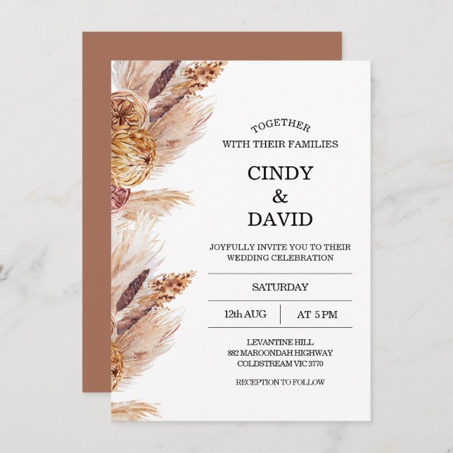 Floral Boho Pampas Grass Wedding Invitation (Front/Back)
