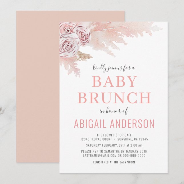 Floral Boho Pampas Watercolor Baby Brunch  Invitat Invitation (Front/Back)
