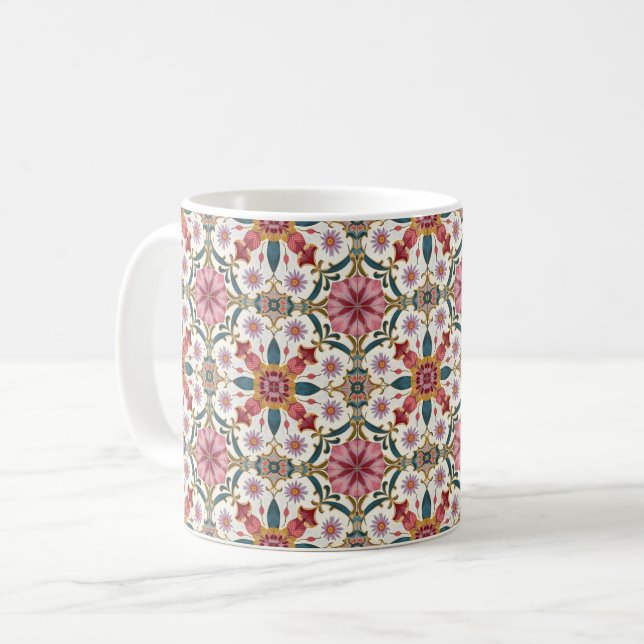 Floral Boho Pattern in Red, Pink & Teal Coffee Mug (Front Left)