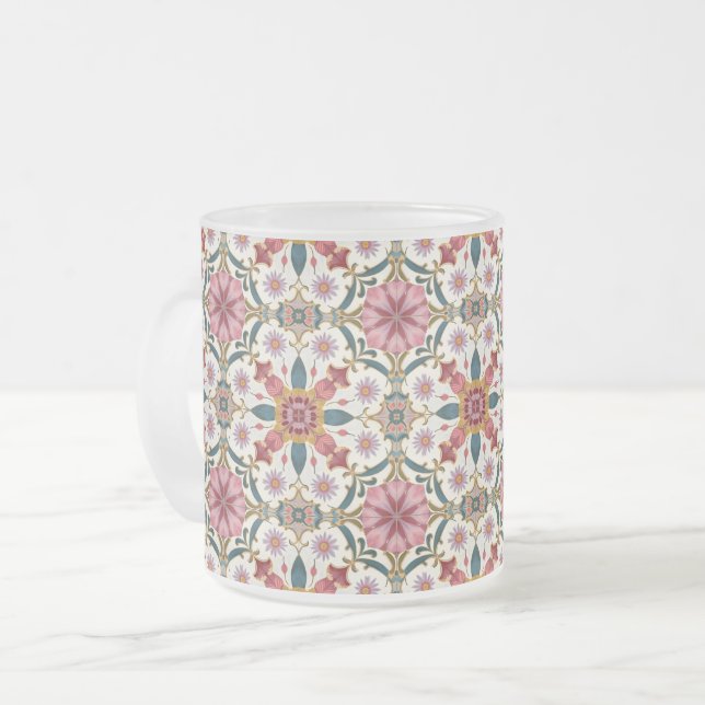 Floral Boho Pattern in Red, Pink & Teal Frosted Glass Coffee Mug (Front Left)