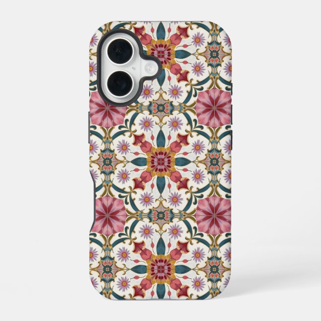 Floral Boho Pattern in Red, Pink & Teal iPhone 16 Case (Back)