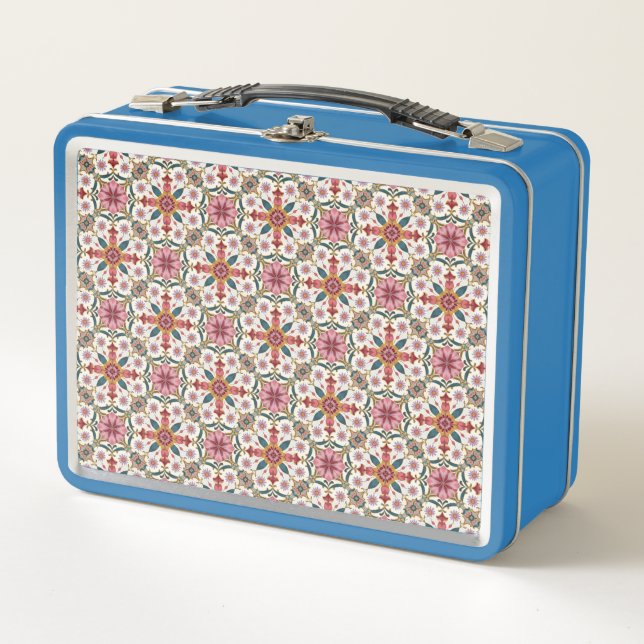 Floral Boho Pattern in Red, Pink & Teal Metal Lunch Box (Front)
