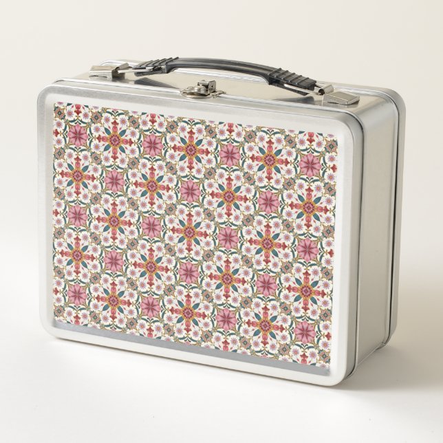 Floral Boho Pattern in Red, Pink & Teal Metal Lunch Box (Front)