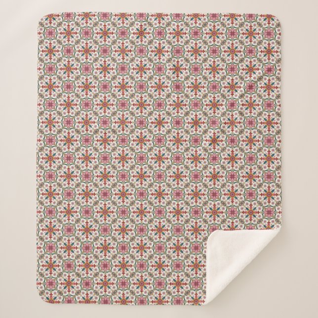 Floral Boho Pattern in Red, Pink & Teal Sherpa Blanket (Front)