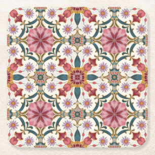 Floral Boho Pattern in Red, Pink & Teal Square Paper Coaster