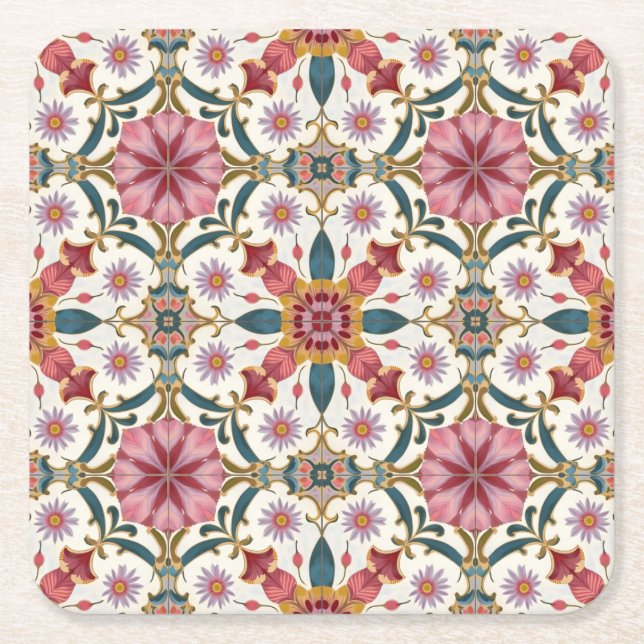 Floral Boho Pattern in Red, Pink & Teal Square Paper Coaster (Front)