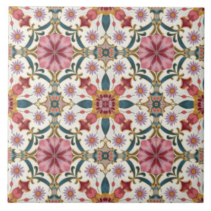 Floral Boho Pattern in Red, Pink & Teal Tile