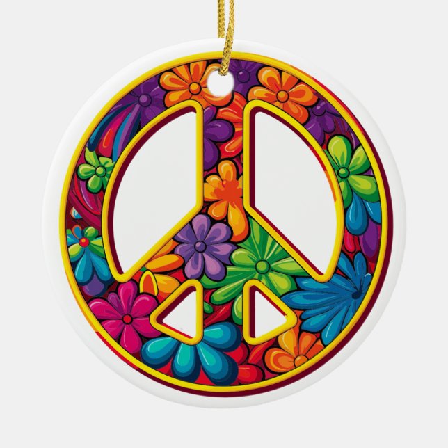 Floral Boho Peace Sign Colourful  Ceramic Tree Decoration (Front)