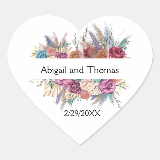 Floral Boho Personalised Trendy Wedding Favour Heart Sticker (Front)