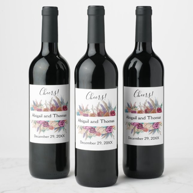 Floral Boho Personalised Trendy Wedding Favour Wine Label (Bottles)