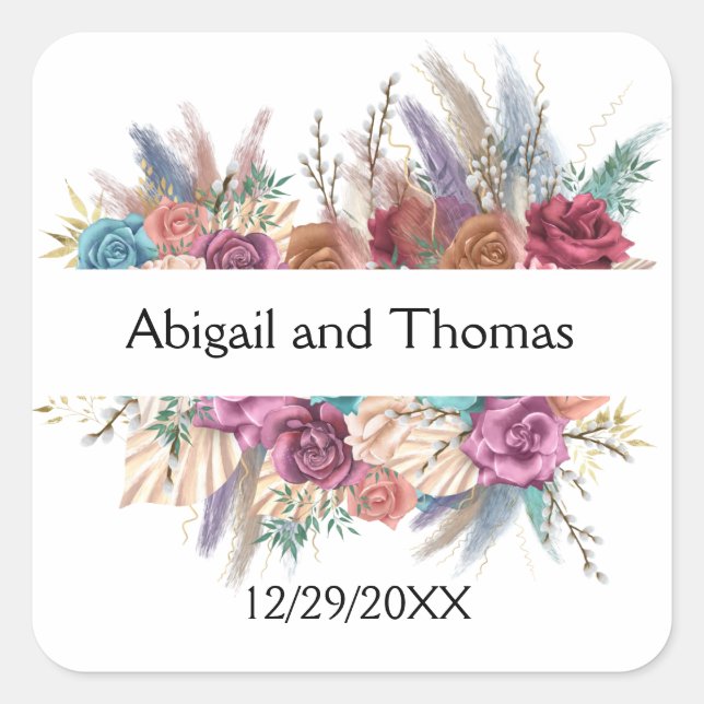 Floral Boho Personalised Trendy Wedding  Square Sticker (Front)