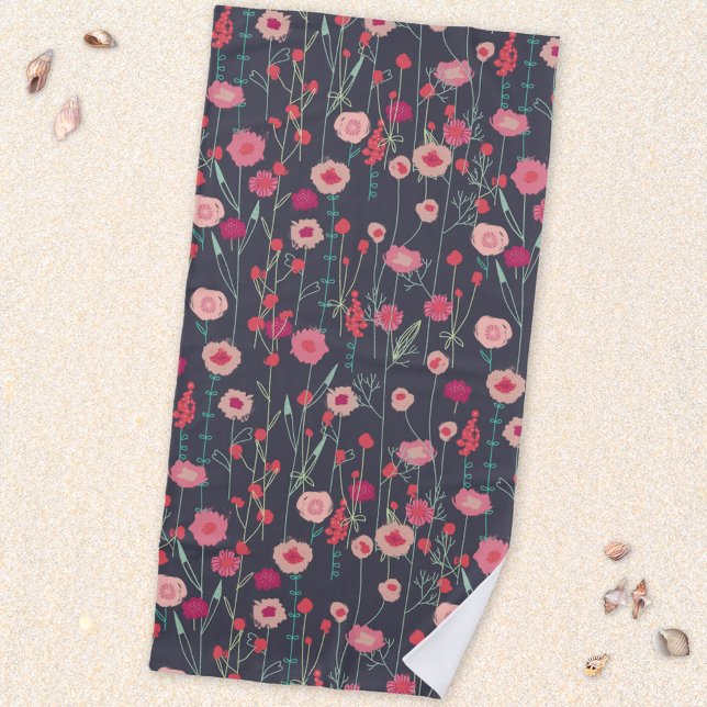 Floral Boho Pink Black Beach Towel (Modern boho floral wildflower dark art beach towel)
