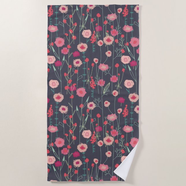 Floral Boho Pink Black Beach Towel (Front)