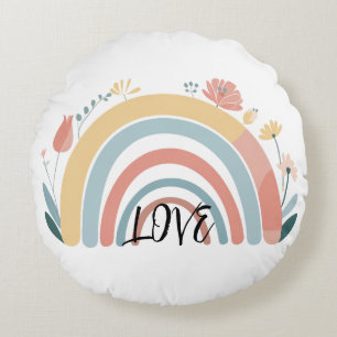 Floral Boho Rainbow Round Throw Pillow