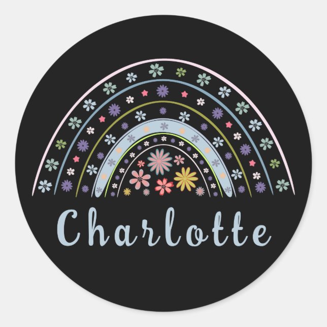 Floral Boho Rainbow with Personalised Name  Classic Round Sticker (Front)