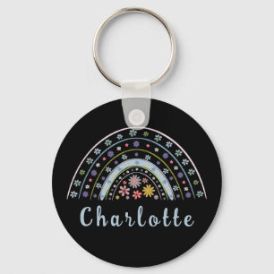 Floral Boho Rainbow with Personalised Name Key Ring