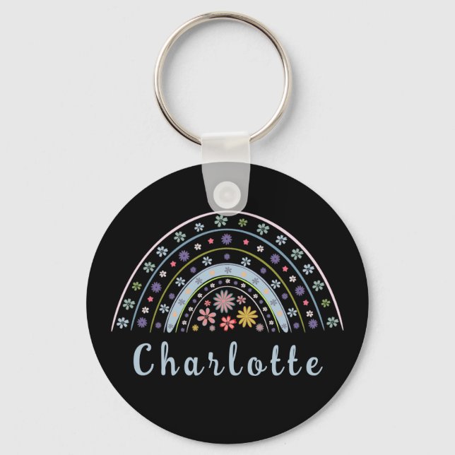 Floral Boho Rainbow with Personalised Name   Key Ring (Front)