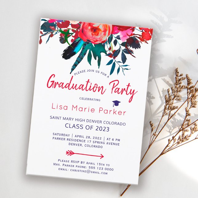Floral boho red navy blue bouquet graduation party invitation (Creator Uploaded)