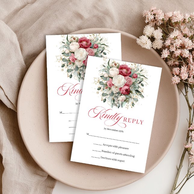 Floral Boho Red White Wedding RSVP Card (Floral Boho Red White Wedding RSVP Card)