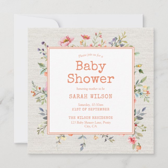 Floral Boho Rustic Botanical Square Baby Shower Invitation (Front)