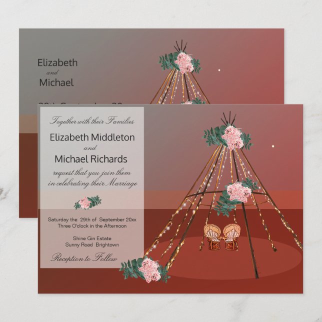 Floral Boho Rustic Desert Teepee / Tipi Wedding Invitation (Front/Back)