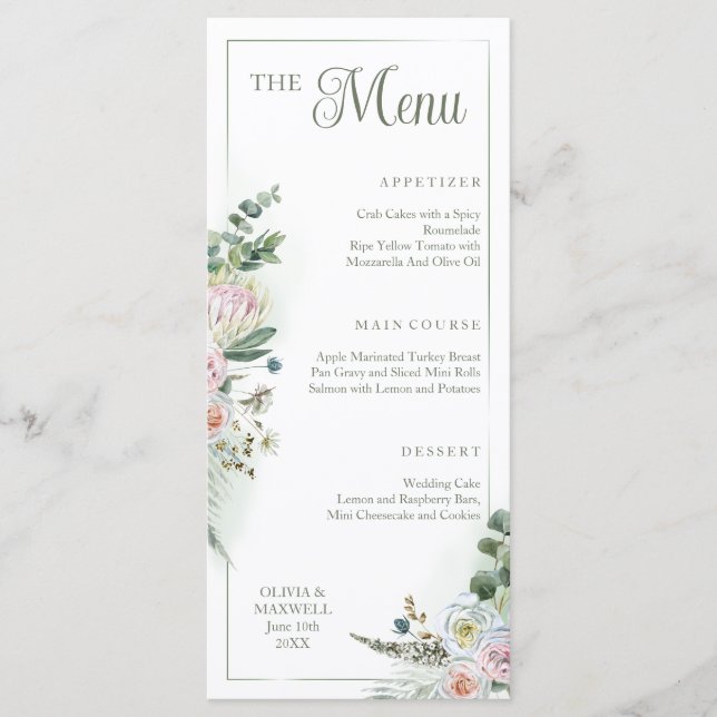 Floral Boho Sage Green Wedding Menu (Front)