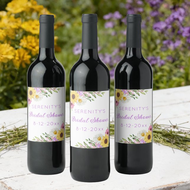 Floral Boho Sunflower Daisy Bridal Shower Wine Label (Creator Uploaded)