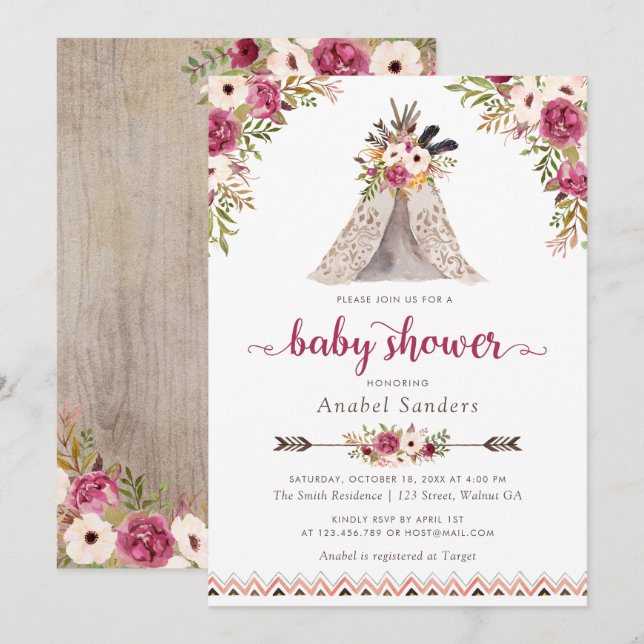 Floral Boho Teepee Chic Arrows Tribal Baby Shower Invitation (Front/Back)