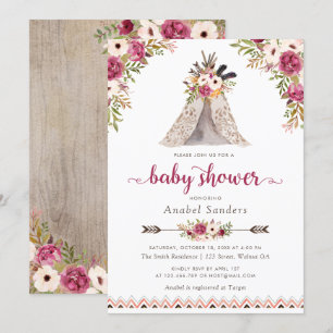 Floral Boho Teepee Chic Arrows Tribal Baby Shower Invitation