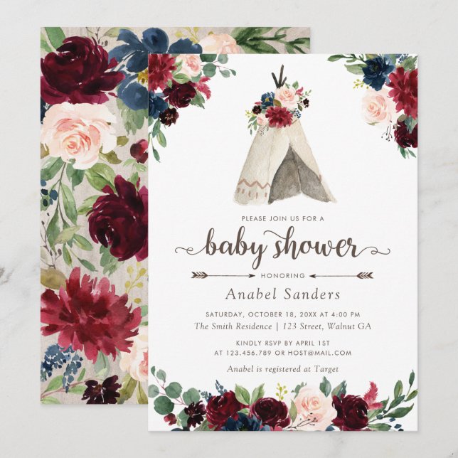 Floral Boho Teepee Chic Arrows Tribal Baby Shower Invitation (Front/Back)